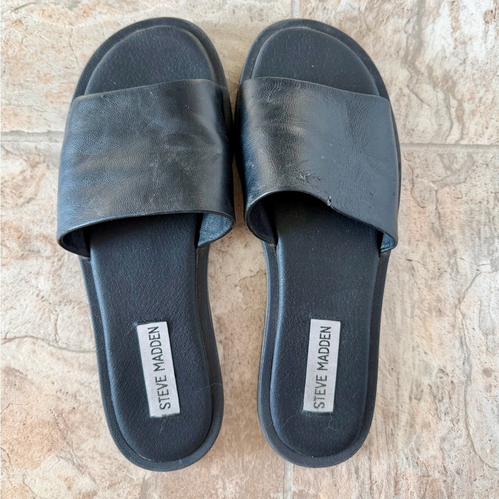 Steve Madden Black Leather Slides